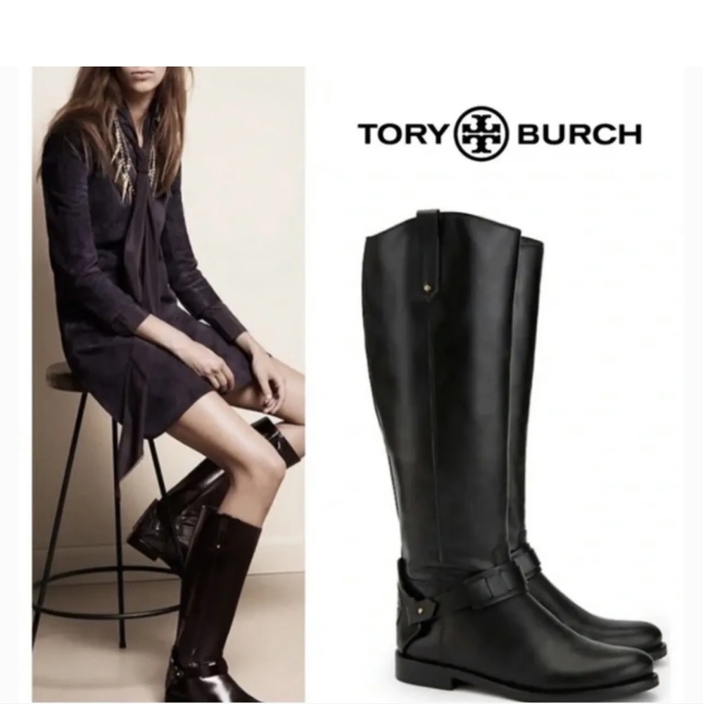Tory Burch Colton Leather Riding Knee-High Boots in Black, sz 9